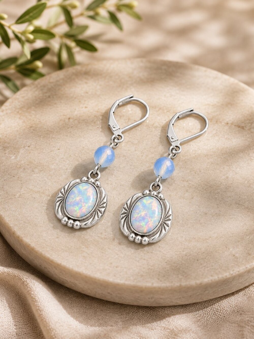Sterling Silver Opal & Opalite Drop Earrings Iridescent White Dangle Jewelry